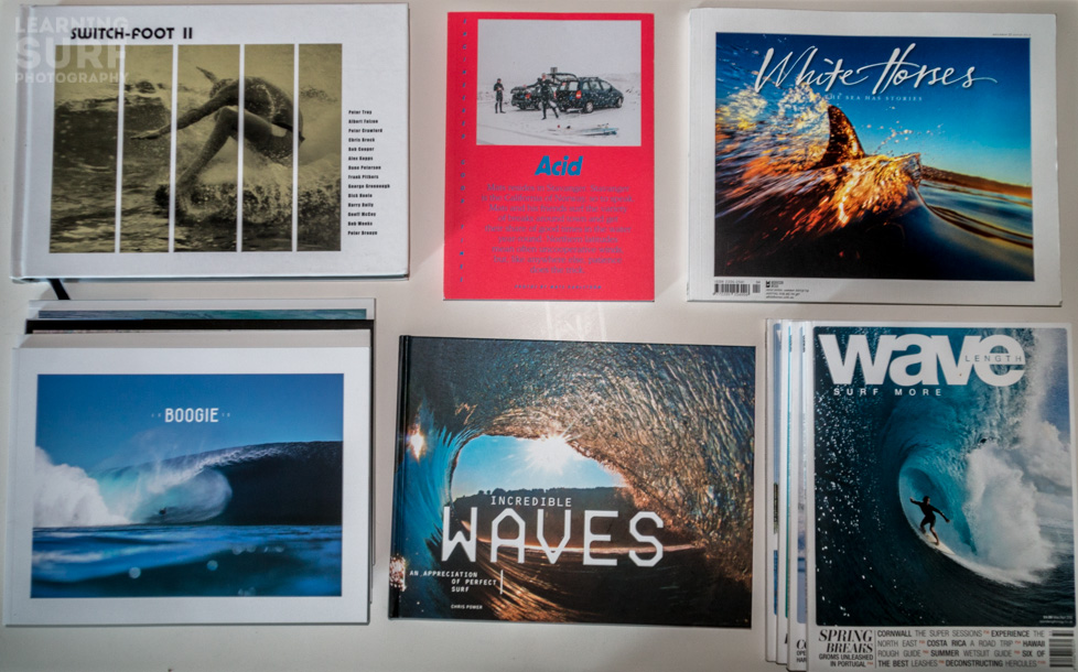 Some of the magazines and books I've picked up recently, clockwise from top left: Switchfoot II, Acid, White Horses, Wavelength, Incredible Waves and Le Boogie