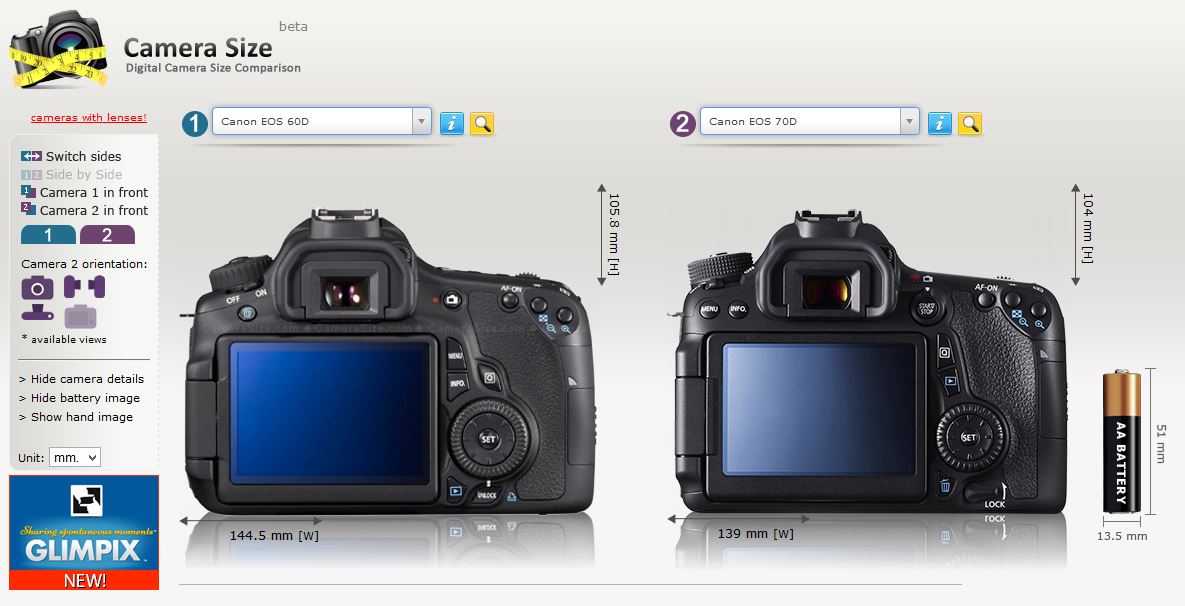 camerasize.com is a handy site for comparing the sizes and layouts of various cameras, as you can see the 60D and 70D are very similar