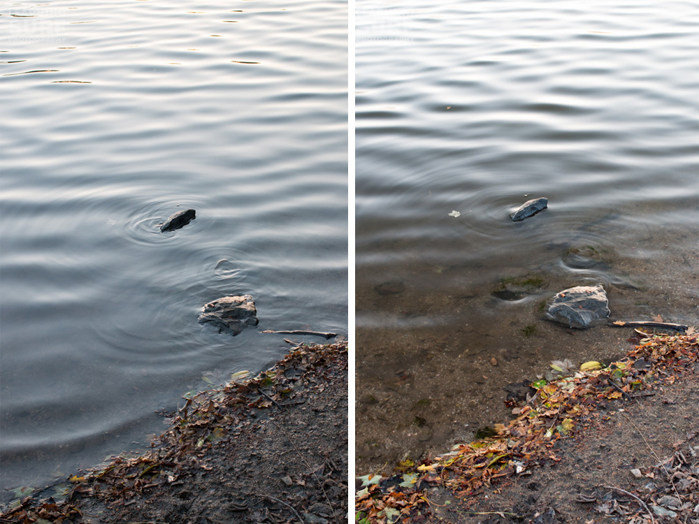 Right: with polarizer rotated to allow the reflected light through, ISO 400, 40mm, f5.6, 1/100, Left: Polarizer rotated 90 degrees to block most of the reflected light: ISO 400, 40mm, f5.6, 1/15