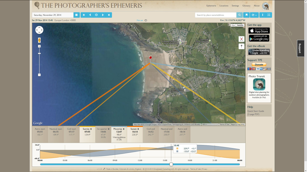 Here's a screen grab from the Photographer's Ephemeris desktop web app, This is the date, time and position I was in when the shot was taken, as you can see the low sun makes for a great shot of the backlit tubes of the left hander. read more about this tool in my post: Predictable Surf Photo Lighting with the Photographer’s Ephemeris