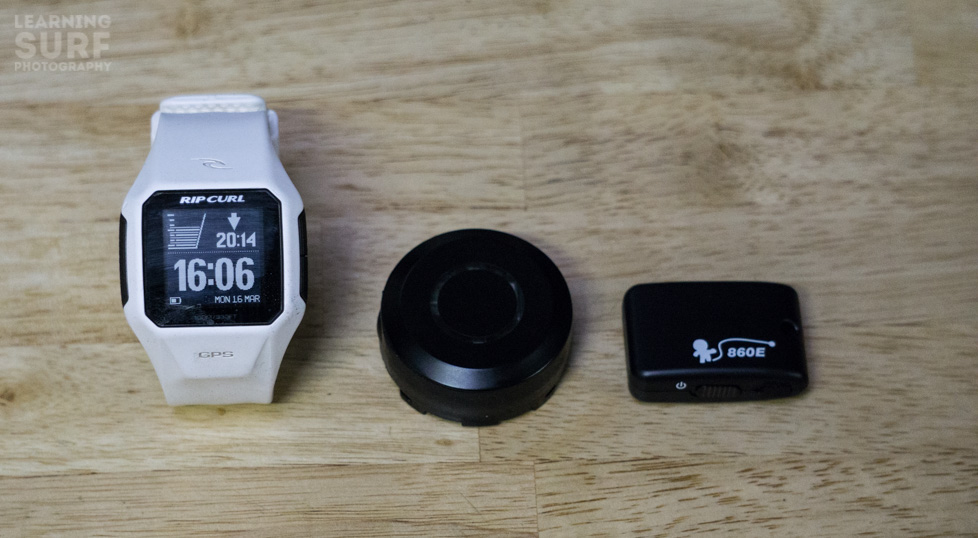 The Rip Curl GPS watch and Trace are both waterproof and ready to go surfing, the 860E is tiny and inexpensive by comparison but it needs to be even smaller to fit into a GoPro case