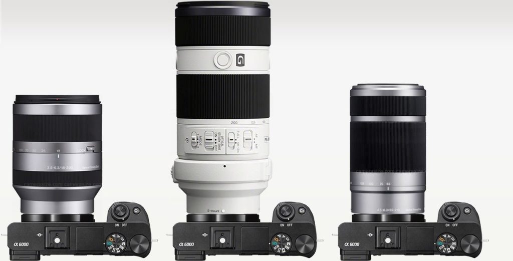 Three Sony telephoto zoom lenses, the middle one is designed for full frame sensors